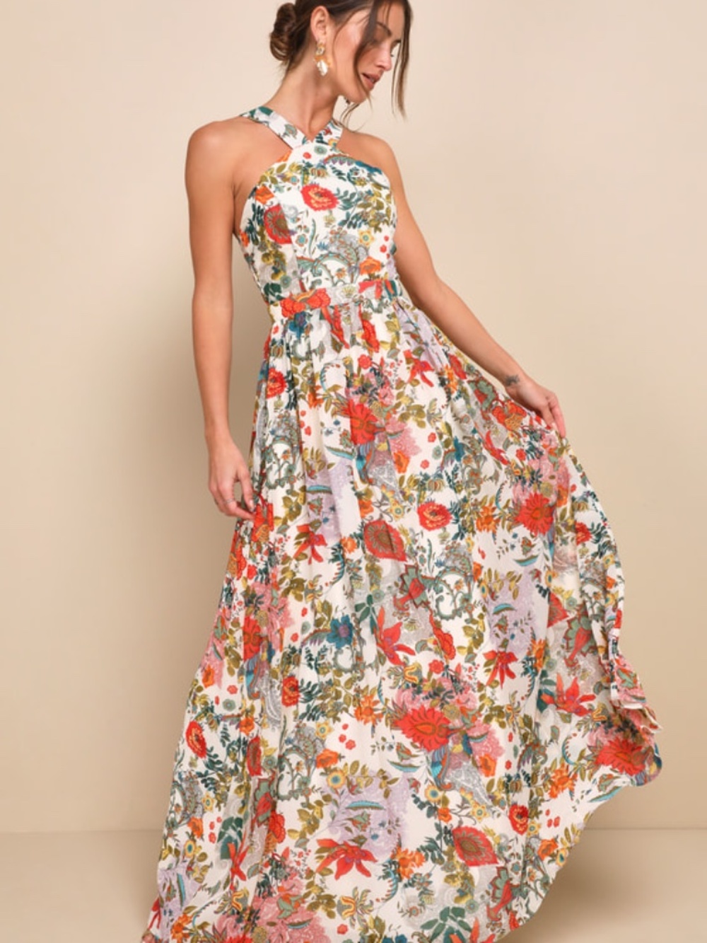 Lulus Lilja Cream Floral Print Maxi Dress Beige - Size M